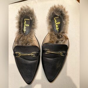 Lulu’s Black Faux Fur Lined Slide On Loafer Shoes Size 8